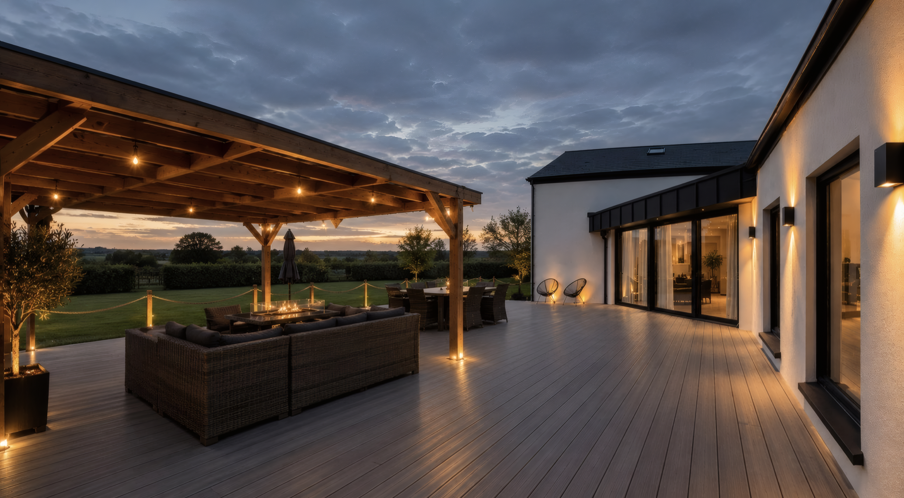 A modern Irish home with a covered timber patio at dusk